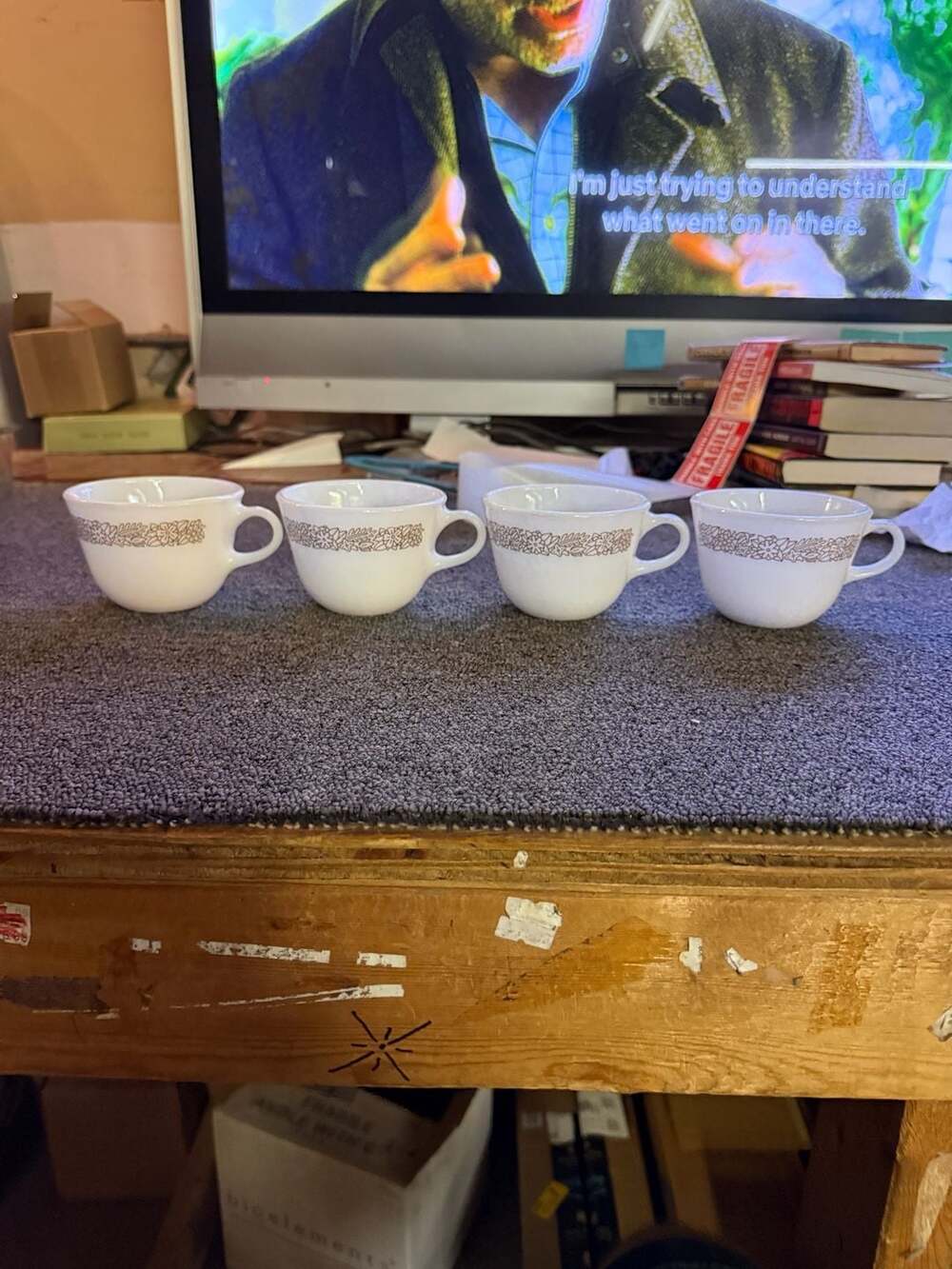Pyrex Woodland Brown Floral Milk Glass Coffee Tea Cups Set of 4